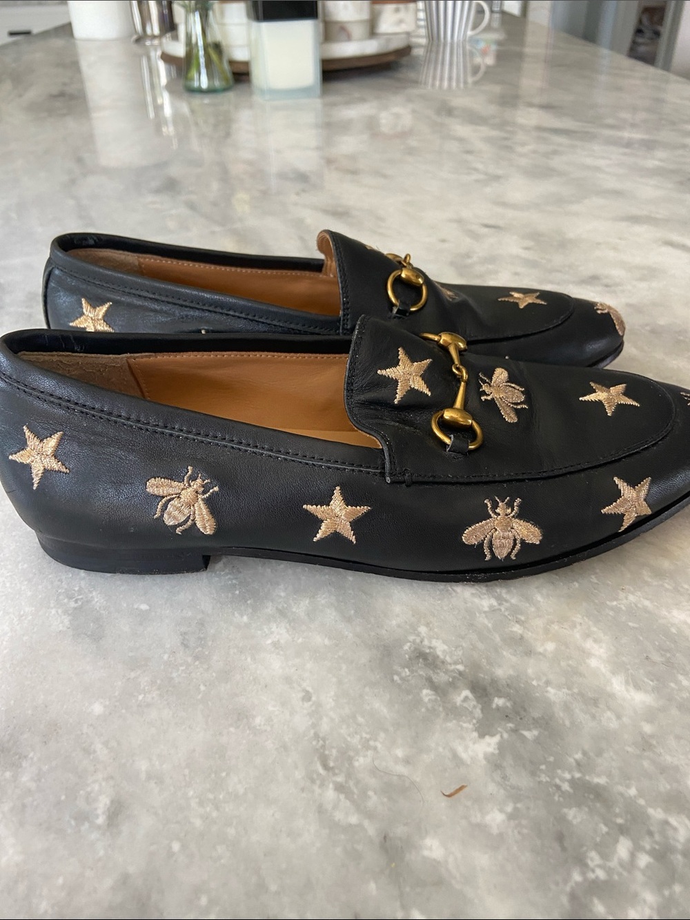 Gucci Black Leather Horsebit Loafers with Gold Embroidered Stars & Bees - Picture 5 of 9